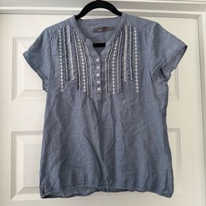 Prana Embroidered Chambray Blue Top | Athleisure 100% Cotton Casual Boho